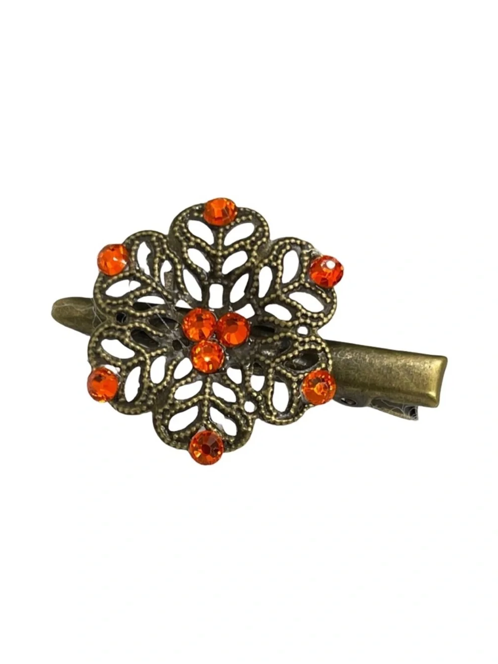 Vintage-Inspired Floral Hair Clip with Orange Crystal Accents